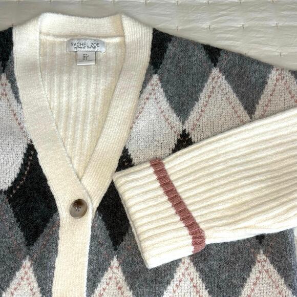 Rachel Zoe Argyle Cardigan Sweater Women's S | Cream & Gray | V-Neck | EUC - Picture 2 of 11